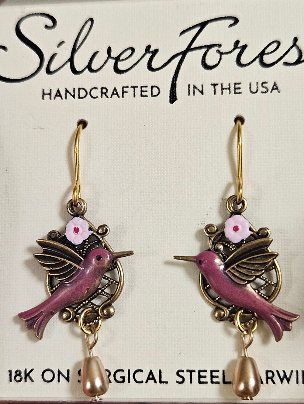 Silver Forest Hummingbird on Gold Filigree USA Hand Crafted Hypoallergenic